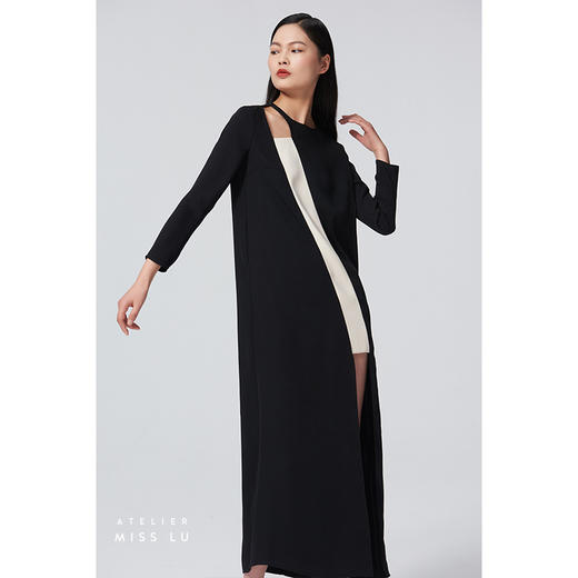 【第二性】不规则条形黑拼米白镂空设计廓H形连衣裙/0000064 商品图2