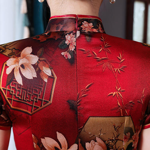 上海旗袍厂TZRY-21007新款真丝复古长款小清新短袖旗袍 商品图4