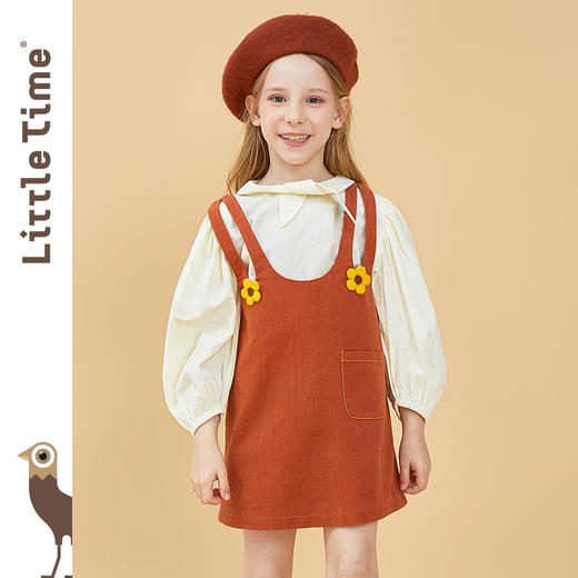 littletime童装复古南瓜色吊带裙2021春装新款花朵撞色直筒连衣裙 商品图0
