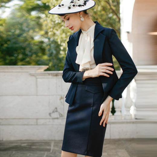 IWY/藏青色修身荷叶边显瘦西装套裙名媛气质职业装CS220 商品图1