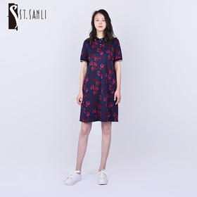 圣三利女装 弹力针织提花罗纹领运动风Polo连衣裙SL121L02