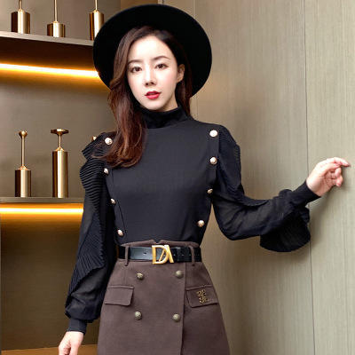 WZNH-WHA862819 显瘦毛呢棕色韩版气质通勤长袖针织衫裙套装格子套装 商品图3