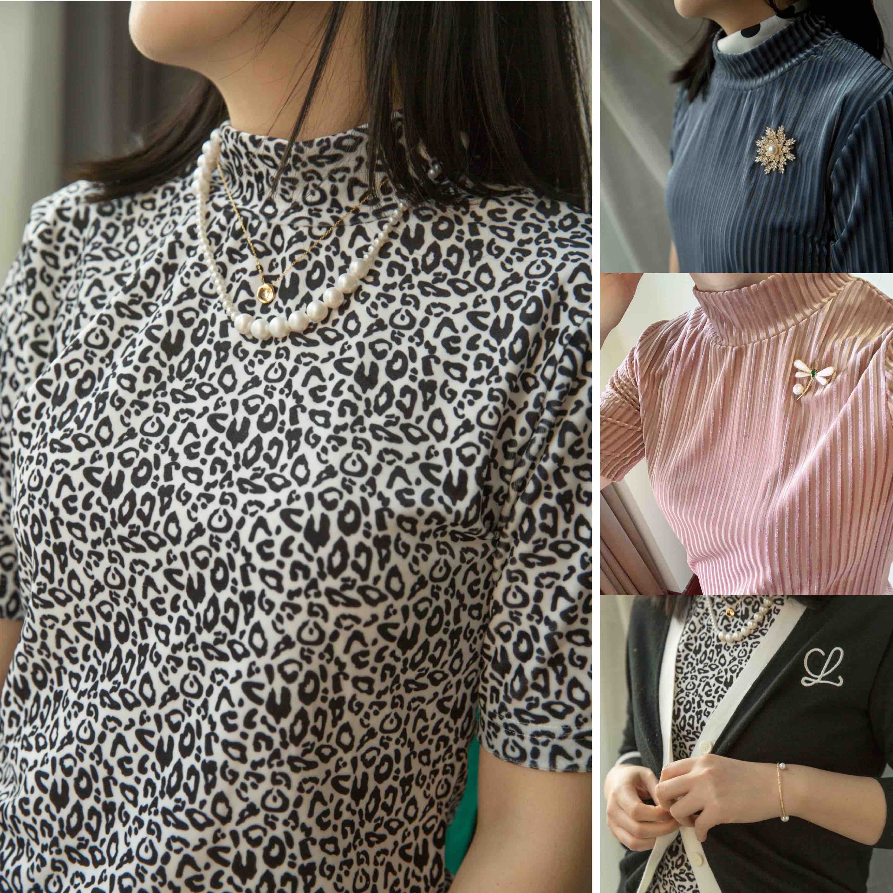 【à perles】浪漫风中领短袖丝绒T浪漫四色小豹纹、优雅紫，雾霾蓝，樱花粉【清仓，不退不换】