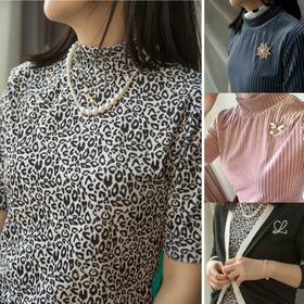 【à perles】浪漫风中领短袖丝绒T浪漫四色小豹纹、优雅紫，雾霾蓝，樱花粉【清仓，不退不换】