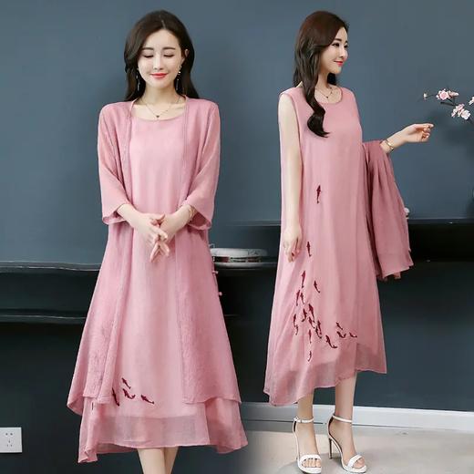 YGYL872 新款仿真丝盘扣刺绣复古文艺两件套连衣裙 商品图2