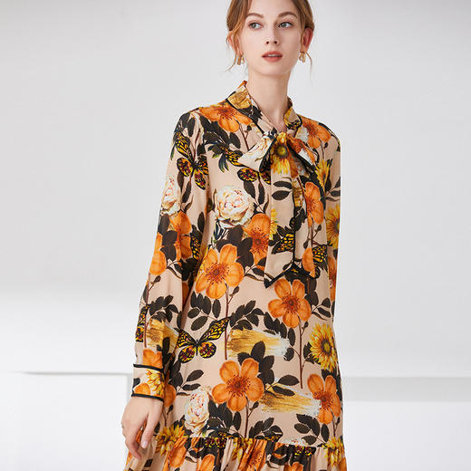 SY 21CL0008优雅蝴蝶结休闲印花真丝桑蚕丝连衣裙 商品图1