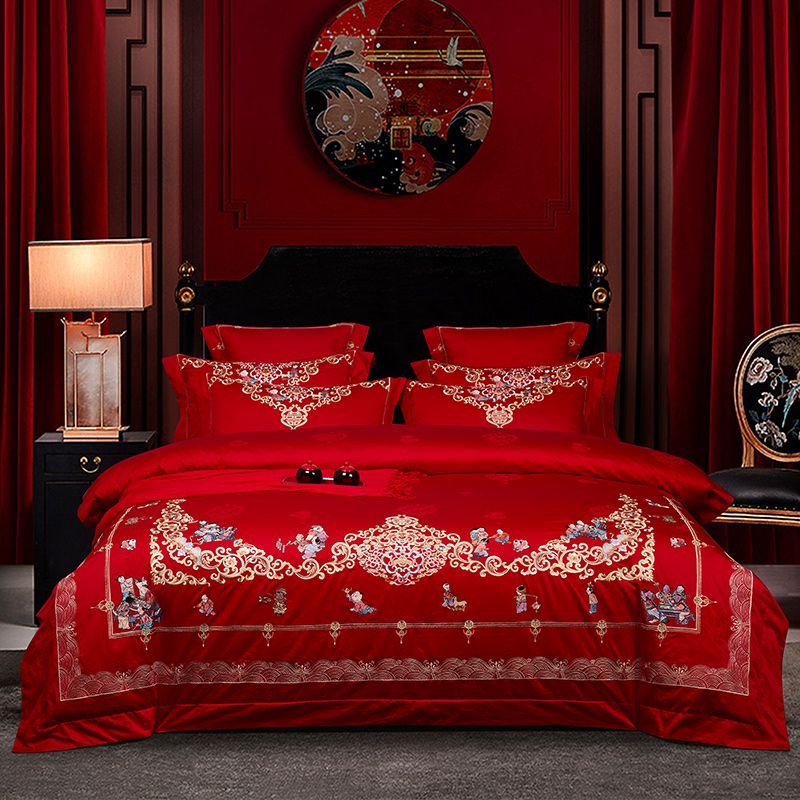 利路米喜庆大红古典中国风浪漫婚庆六件套百子戏春