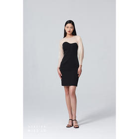 【旺角卡门】不规则曲线黑拼米白薄纱透视长袖修身连衣裙/0000660