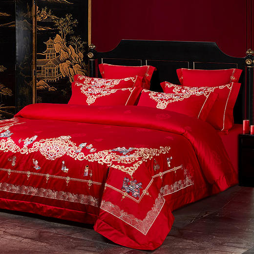 利路米喜庆大红古典中国风浪漫婚庆六件套百子戏春 商品图1