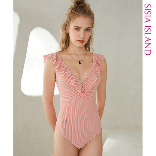 sisia泳衣女2020新款性感遮肚显瘦纯欲泳衣les粉色条纹连体泳衣 商品图0