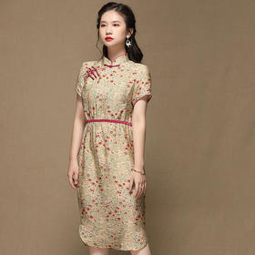 上海旗袍厂AYK-QF-210107锦棉绿叶红碎花改良长款旗袍2021春夏复古女装立拼接国风连衣裙