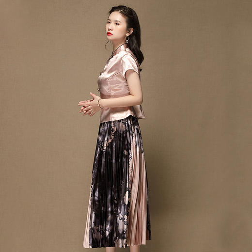 上海旗袍厂AYK-QF-200315水墨压褶长款半身裙国风改良短袖唐装上衣女2021夏时尚国潮套装女 商品图4