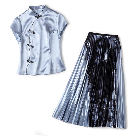 上海旗袍厂AYK-QF-200315水墨压褶长款半身裙国风改良短袖唐装上衣女2021夏时尚国潮套装女 商品图1