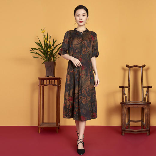 上海旗袍厂XT-CT20-308-1大码碎花真丝连衣裙夏季印花国风长裙 商品图0