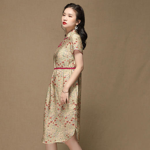 上海旗袍厂AYK-QF-210107锦棉绿叶红碎花改良长款旗袍2021春夏复古女装立拼接国风连衣裙 商品图2