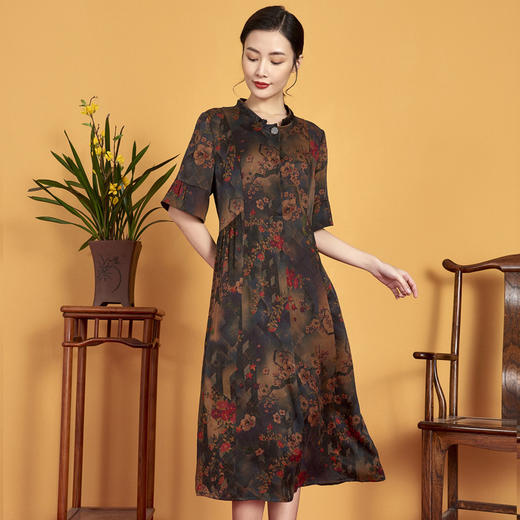 上海旗袍厂XT-CT20-308-1大码碎花真丝连衣裙夏季印花国风长裙 商品图3