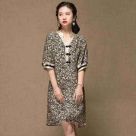 上海旗袍厂AYK-QF-210105锦棉杏花印花改良旗袍2021春夏复古女装v领木耳边拼接系带连衣裙