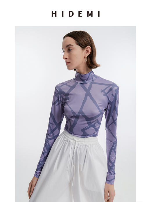 HIDEMI 几何印花弹力打底上衣 蓝⻩/紫灰 商品图1