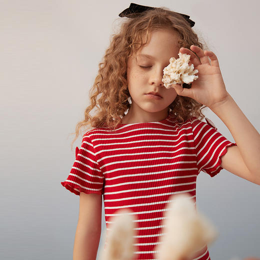 【纯棉弹力条纹T】2021夏季新款童装女宝短袖T恤弹力修身上衣 商品图1