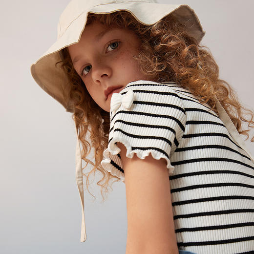 【纯棉弹力条纹T】2021夏季新款童装女宝短袖T恤弹力修身上衣 商品图2