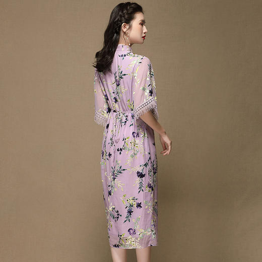 上海旗袍厂AYK-QF-201120粉紫兰花印花改良旗袍2021春夏女装流苏中袖拼接系带复古连衣裙 商品图3