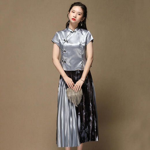 上海旗袍厂AYK-QF-200315水墨压褶长款半身裙国风改良短袖唐装上衣女2021夏时尚国潮套装女 商品图0