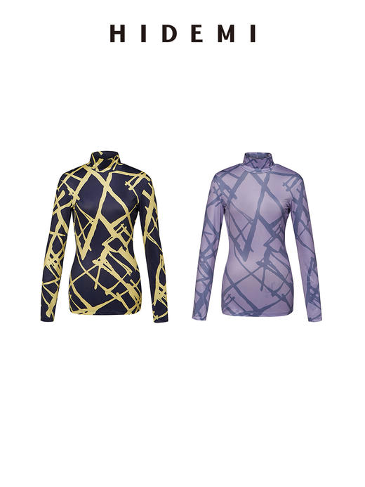HIDEMI 几何印花弹力打底上衣 蓝⻩/紫灰 商品图2