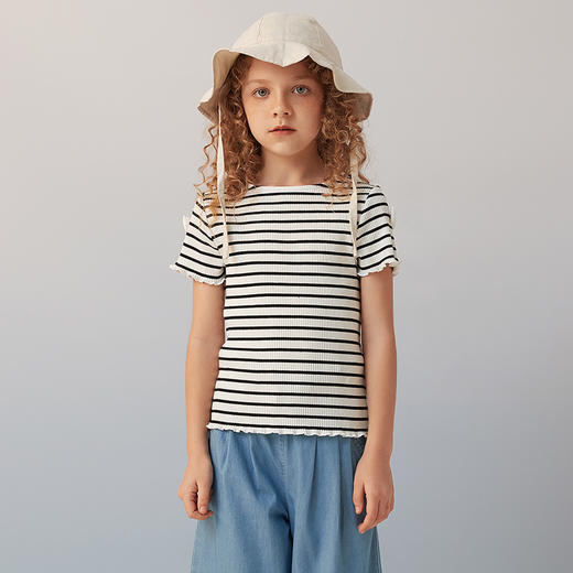 【纯棉弹力条纹T】2021夏季新款童装女宝短袖T恤弹力修身上衣 商品图4