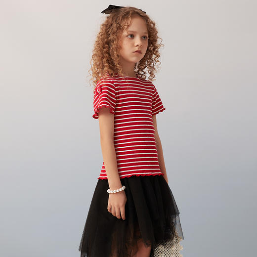 【纯棉弹力条纹T】2021夏季新款童装女宝短袖T恤弹力修身上衣 商品图3