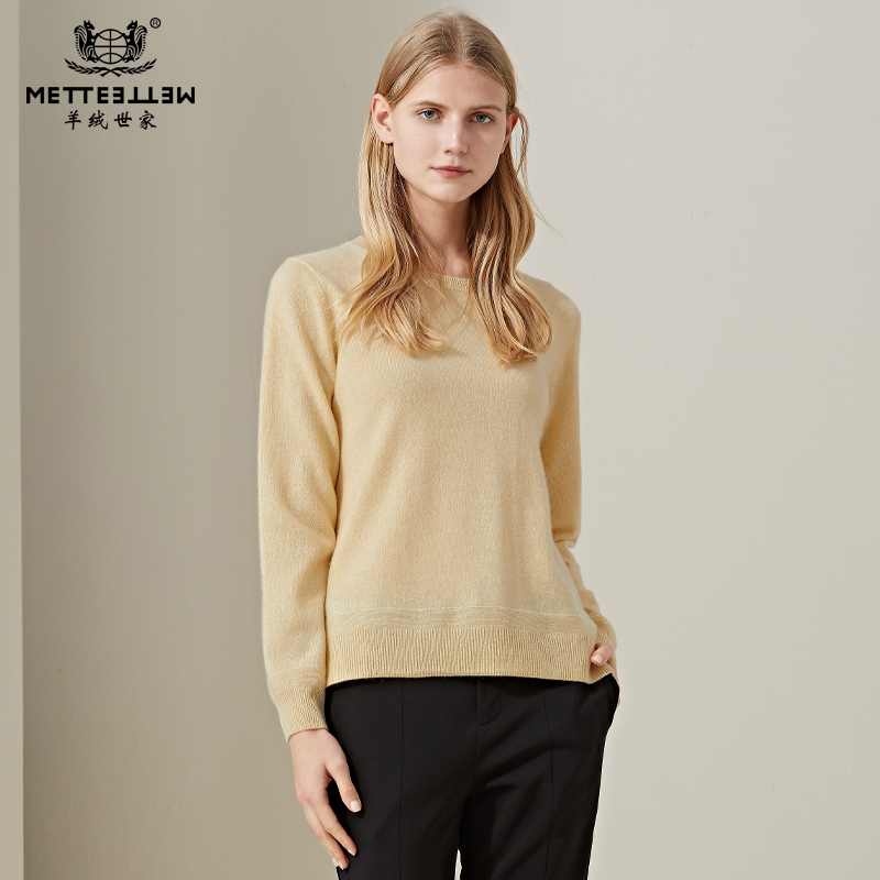 羊绒世家2021早春新款圆领100%山羊绒衫女时尚不对称内搭保暖毛衣