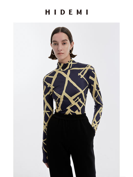 HIDEMI 几何印花弹力打底上衣 蓝⻩/紫灰 商品图4