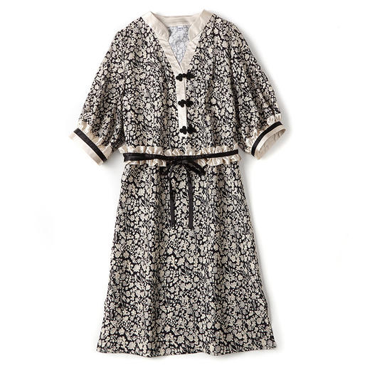 上海旗袍厂AYK-QF-210105锦棉杏花印花改良旗袍2021春夏复古女装v领木耳边拼接系带连衣裙 商品图4