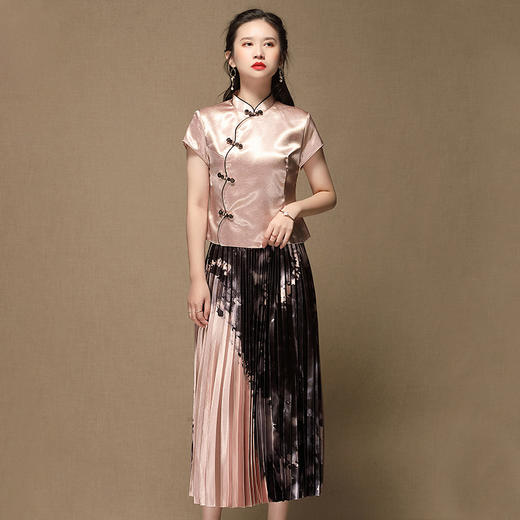 上海旗袍厂AYK-QF-200315水墨压褶长款半身裙国风改良短袖唐装上衣女2021夏时尚国潮套装女 商品图2