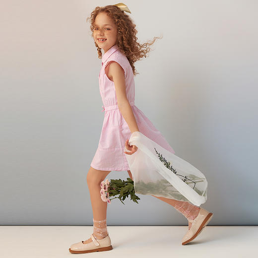 【纯棉条纹连衣裙】21夏女童Polo领短袖连衣裙甜美蝴蝶结条纹裙子 商品图4