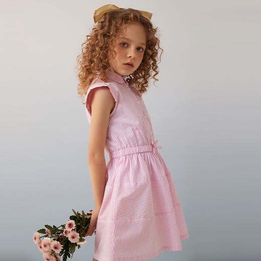 【纯棉条纹连衣裙】21夏女童Polo领短袖连衣裙甜美蝴蝶结条纹裙子 商品图2