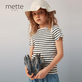 【纯棉弹力条纹T】2021夏季新款童装女宝短袖T恤弹力修身上衣