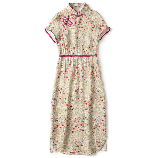 上海旗袍厂AYK-QF-210107锦棉绿叶红碎花改良长款旗袍2021春夏复古女装立拼接国风连衣裙 商品图4