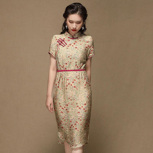 上海旗袍厂AYK-QF-210107锦棉绿叶红碎花改良长款旗袍2021春夏复古女装立拼接国风连衣裙 商品图1