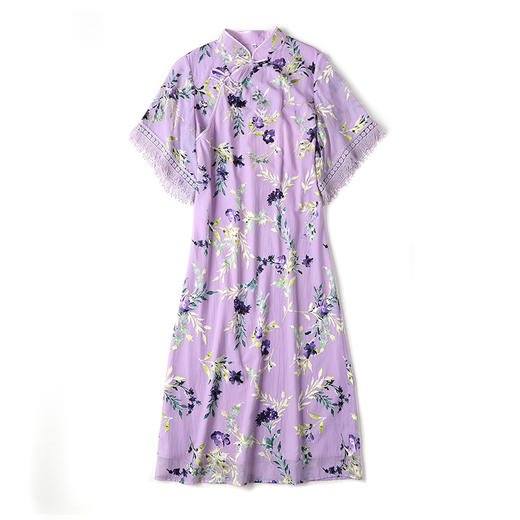 上海旗袍厂AYK-QF-201120粉紫兰花印花改良旗袍2021春夏女装流苏中袖拼接系带复古连衣裙 商品图4