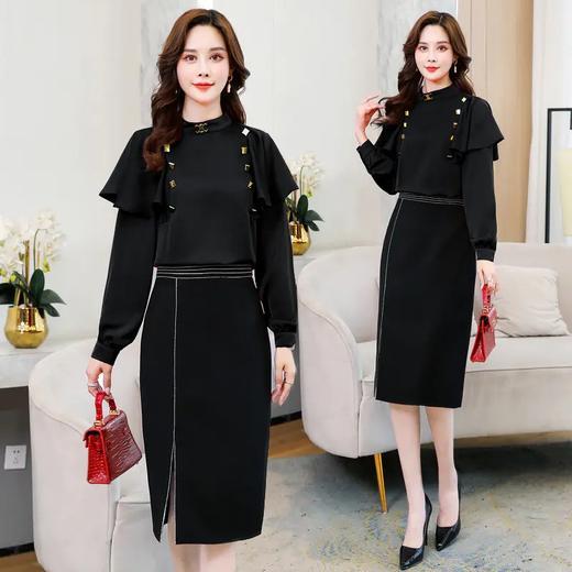 HRFS-WHA86699新款潮流时尚气质圆领长袖铆钉拼接雪纺衫半身裙两件套 商品图3