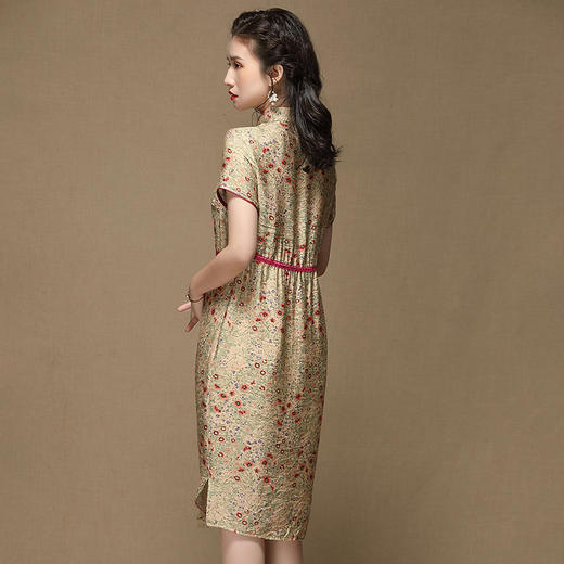 上海旗袍厂AYK-QF-210107锦棉绿叶红碎花改良长款旗袍2021春夏复古女装立拼接国风连衣裙 商品图3