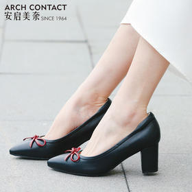 安启美奈春款尖头粗跟羊皮蝴蝶结浅口单鞋通勤高跟鞋52126