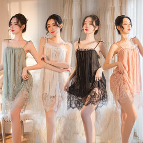 【沉鱼落雁·闭月羞花】情趣内衣 性感睡衣 裙摆 蕾丝 诱惑 吊带 睡裙 套装:7803