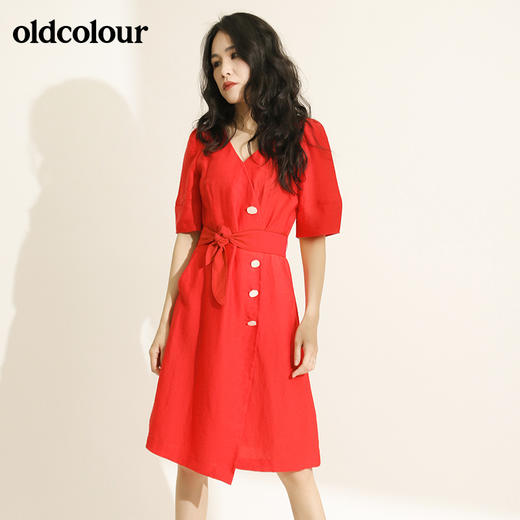 oldcolour欧珂亚麻V领收腰短袖连衣裙女中长款M21101407 商品图3