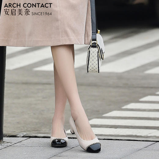安启美奈女鞋复古小香风羊皮高跟鞋粗跟舒适通勤单鞋 商品图5