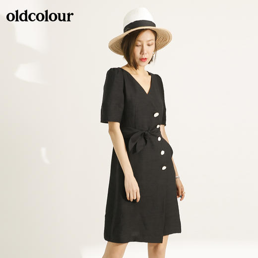 oldcolour欧珂亚麻V领收腰短袖连衣裙女中长款M21101407 商品图4