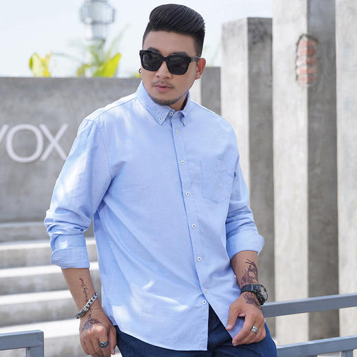 牛津纺【新款DM】【100%棉】大依优型大码全棉长袖衬衫纯棉男胖子加肥加大码宽松纯色休闲衬衣上衣 商品图7