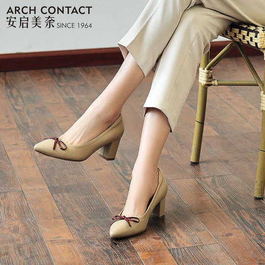 安启美奈春款尖头粗跟羊皮蝴蝶结浅口单鞋通勤高跟鞋52126 商品图1