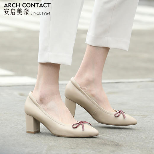 安启美奈春款尖头粗跟羊皮蝴蝶结浅口单鞋通勤高跟鞋52126 商品图3