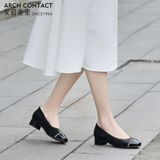 安启美奈女鞋复古小香风羊皮高跟鞋粗跟舒适通勤单鞋 商品图2